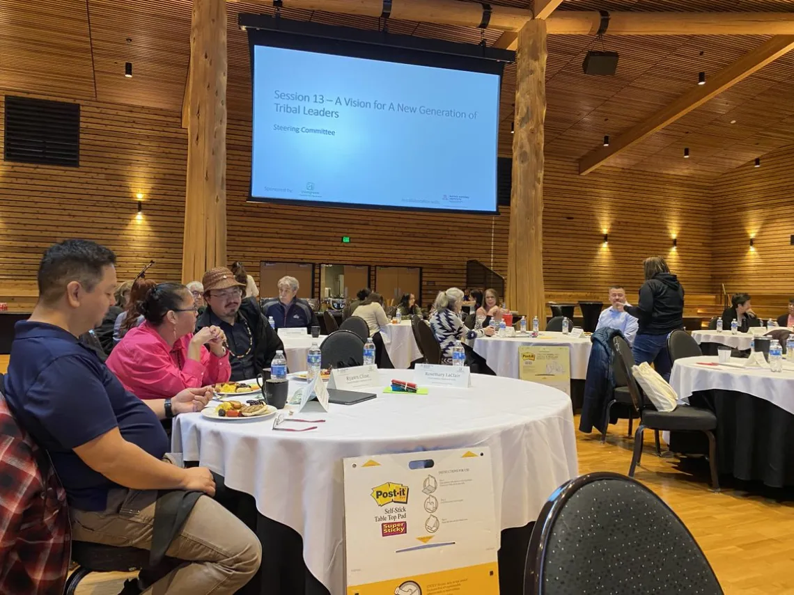 Attendees seated at round tables in a cabin-style banquet hall on the homelands of the Tulalip Tribe.