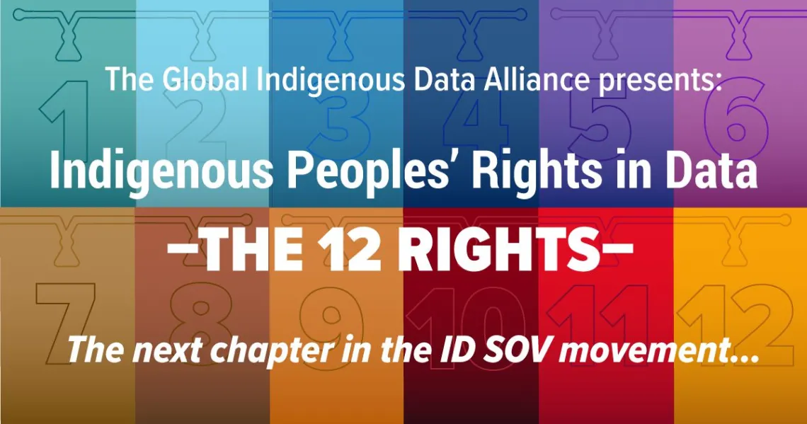 12 colored rectangles numbered 1-12 arranged in a grid; text reads "The Global Indigenous Data Alliance presents: Indigenous Peoples Rights in Data: the 12 Rights, the next chapter in the IDSov Movement