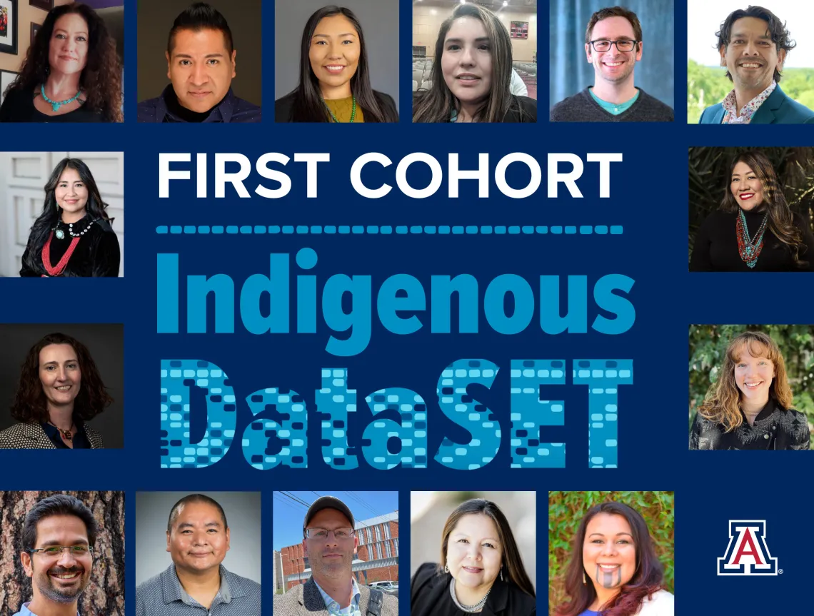 Headshots of all 15 cohort members are arranged around a blue rectangle. Text in the center reads "First Cohort, Indigenous DataSET".