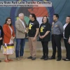 Governor Tim Walz and Chairman Kevin Jensvold of the Upper Sioux Community shake hands during the Upper Sioux State Park land transfer ceremony